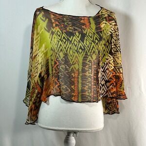 STYLE 101 Womens Sheer Boho Kimono Poncho Tribal Print Orange Green Black